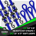 Rhino USA Heavy Duty Ratchet Tie-Down 4-Pack (Blue) 1.6In X 8Ft