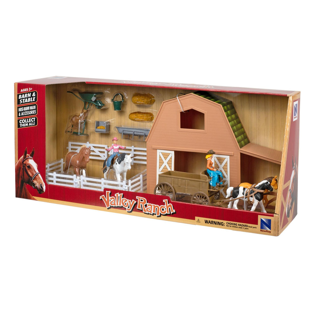 New Ray Toys Valley Ranch Set with Pink Barn, Horses, Cowgirls and Fences/ Scale 1:32