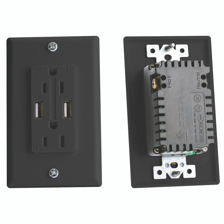AC DUAL OUTLET WITH COVER & 2 USB CHARGE PORTS BLACK