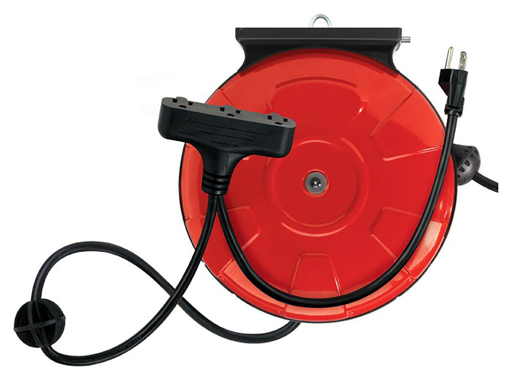 RETRACTABLE CORD REEL W/3 OUTLET 30FT 14GA EXT CORD RED