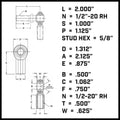 Antirock Sway Bar Heim Joint (1/2 Inch-20 Stud 1/2 Inch-20 Female RH Thread) RockJock 4X4
