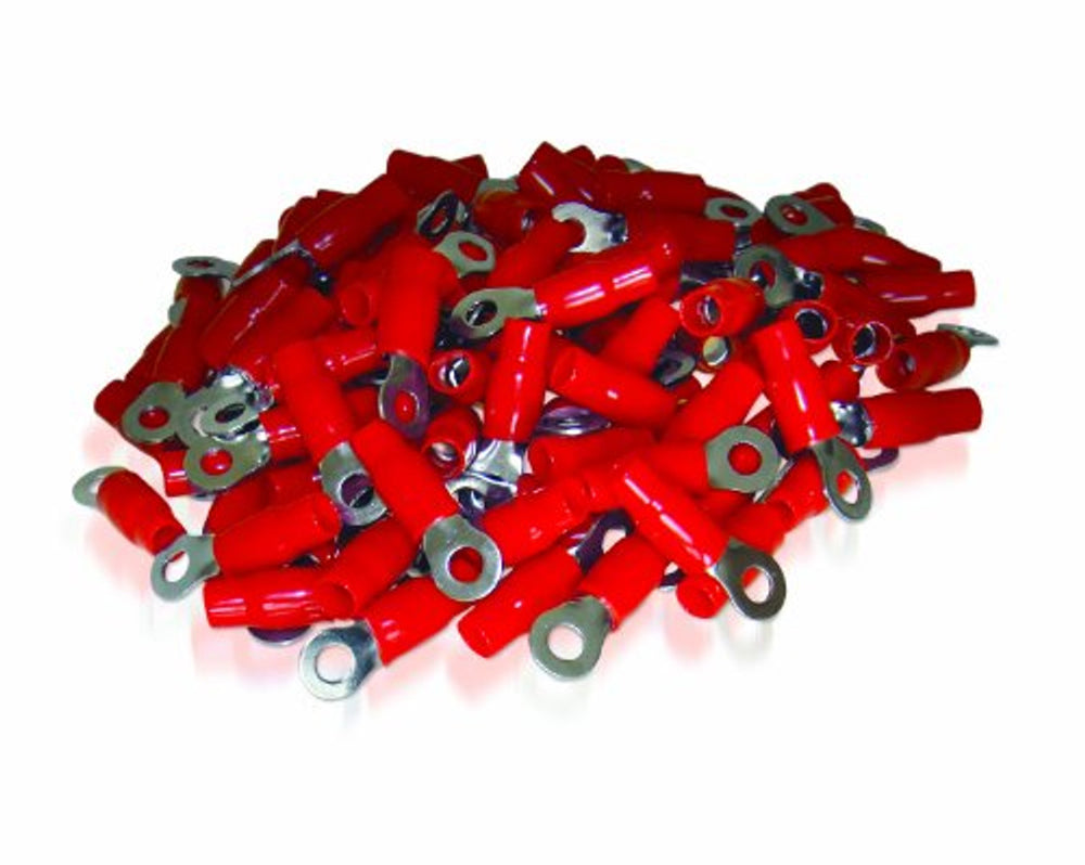 4 AWG RING TERMINAL CRIMP 8.5MM SCREW HOLE NICKEL FINISH WITH RED BOOT 100 P