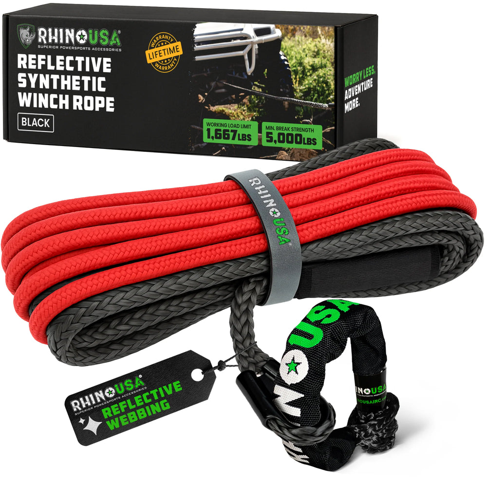 Rhino USA Reflective Synthetic Winch Rope 1/4In X 50Ft - Black