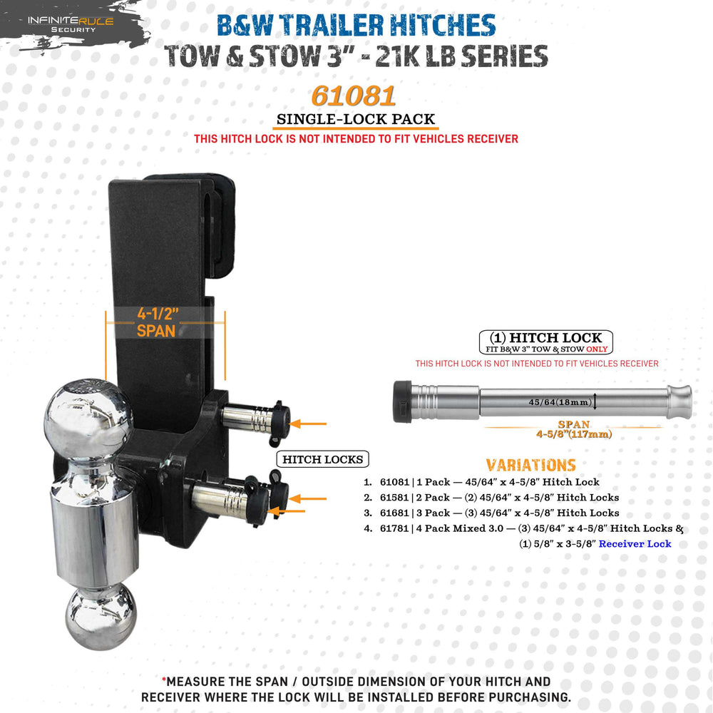 HITCH LOCK FOR B&W 3IN TOW AND STOW 21K LB TOWING HITCHFITS ADJUSTABLE BALL MOUNT ONLY