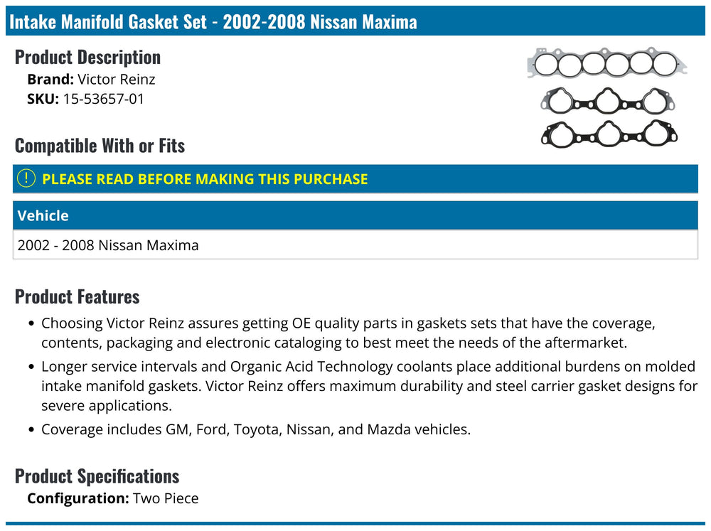 Engine Intake Manifold Gasket Set - 15-53657-01