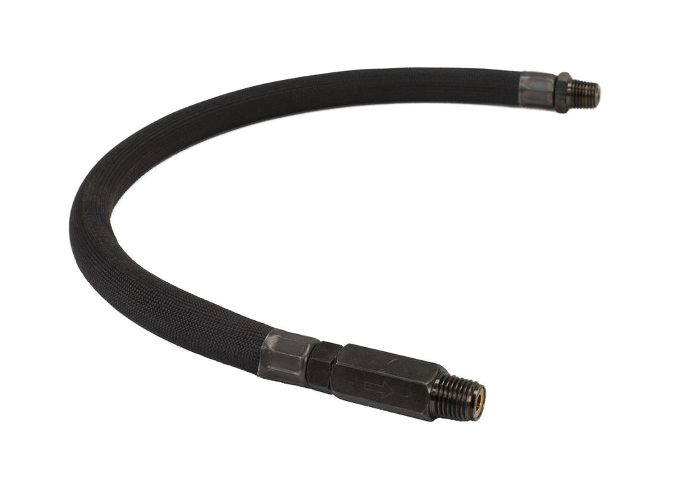 24IN BY 1/4IN S.S. LEADER HOSE W/ BLACK SLEEVE W/ CHECK VALVE (1/4IN M TO 1/4IN M NPT SWIVEL)