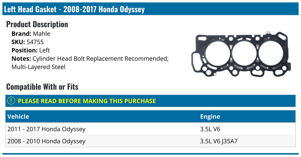 Cylinder Head Gasket (Left) HONDA ACURA 3471CC 3.5L 2008-2011 J35-A7Z2Z3Z4Z5Z6