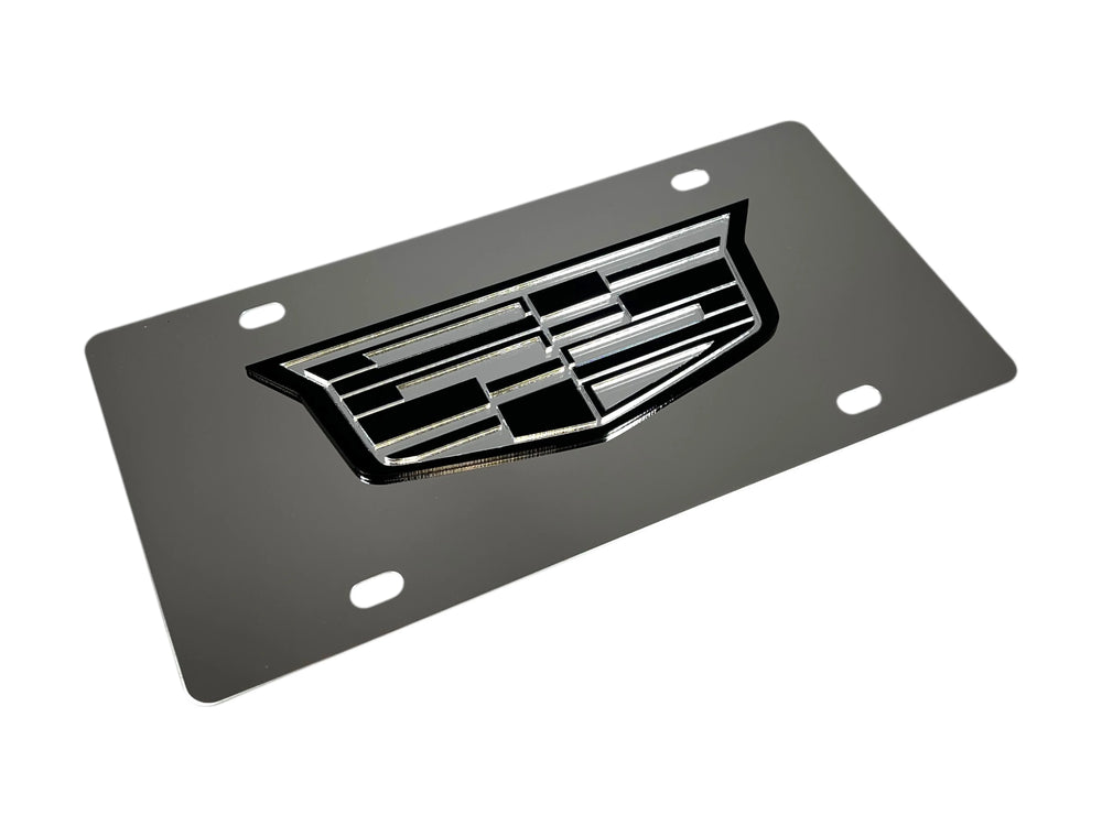 2014 CADILLAC CREST W/MIRROR FILL STAINLESS STEEL LICENSE PLATE BLACK