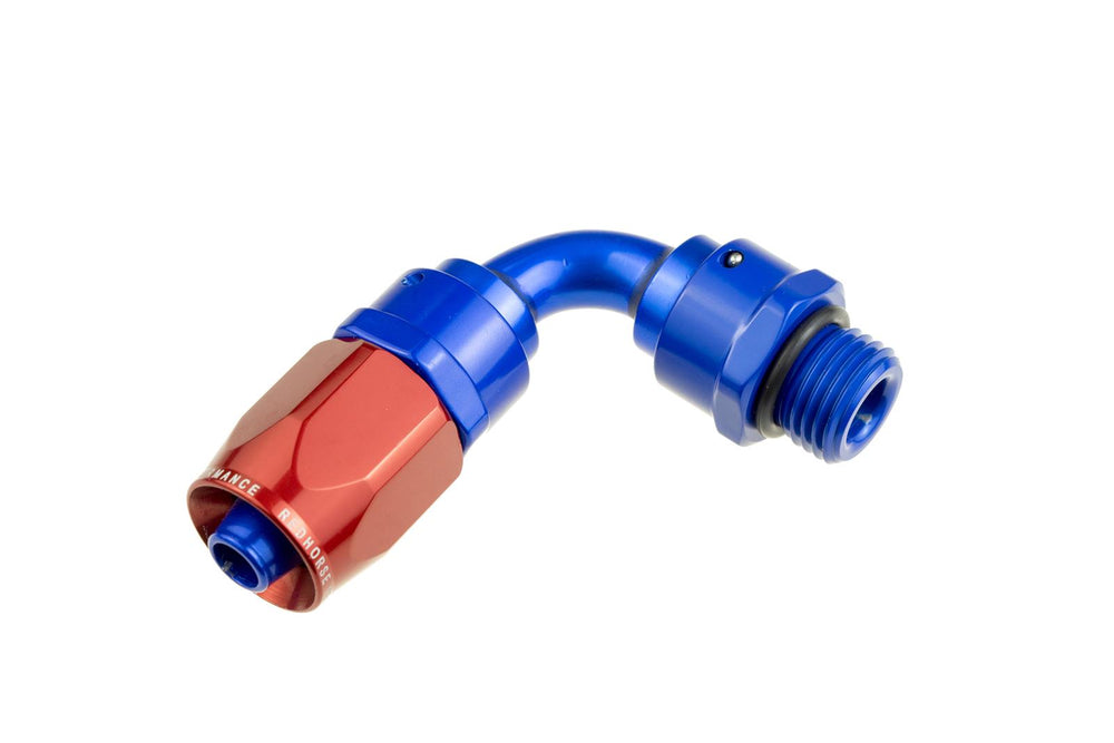 12 AN 90 DEGREE HOSE END WITH 12 ORB MALE END RED/BLUE
