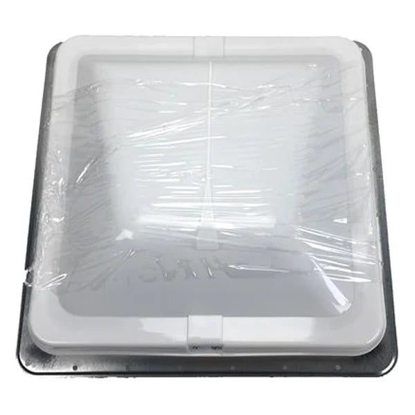 14 X 14 UNIVERSAL VENT WHT LID GALAVANIZED COLLAR W/WHT GARNISH RETAIL BOX