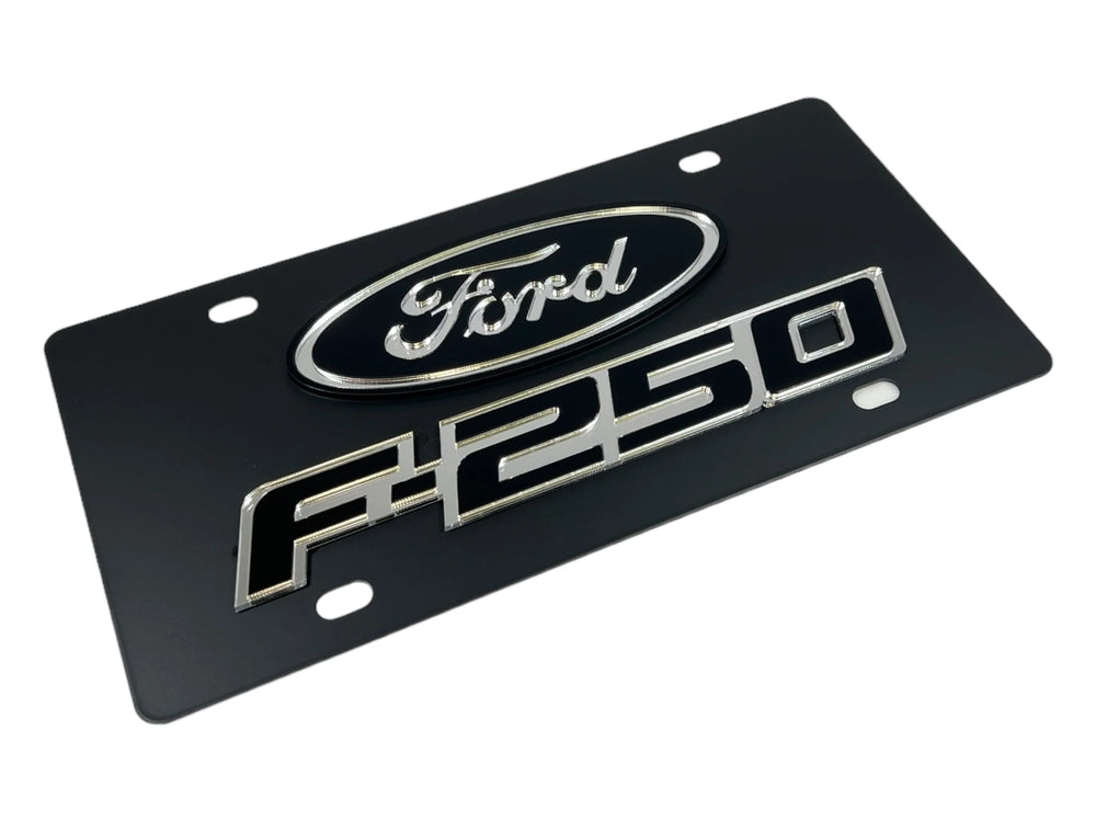 2009 F250 BADGE L/W BLACK W MIRROR OVAL OUTLINE CARBON STEEL LICENSE PLATE