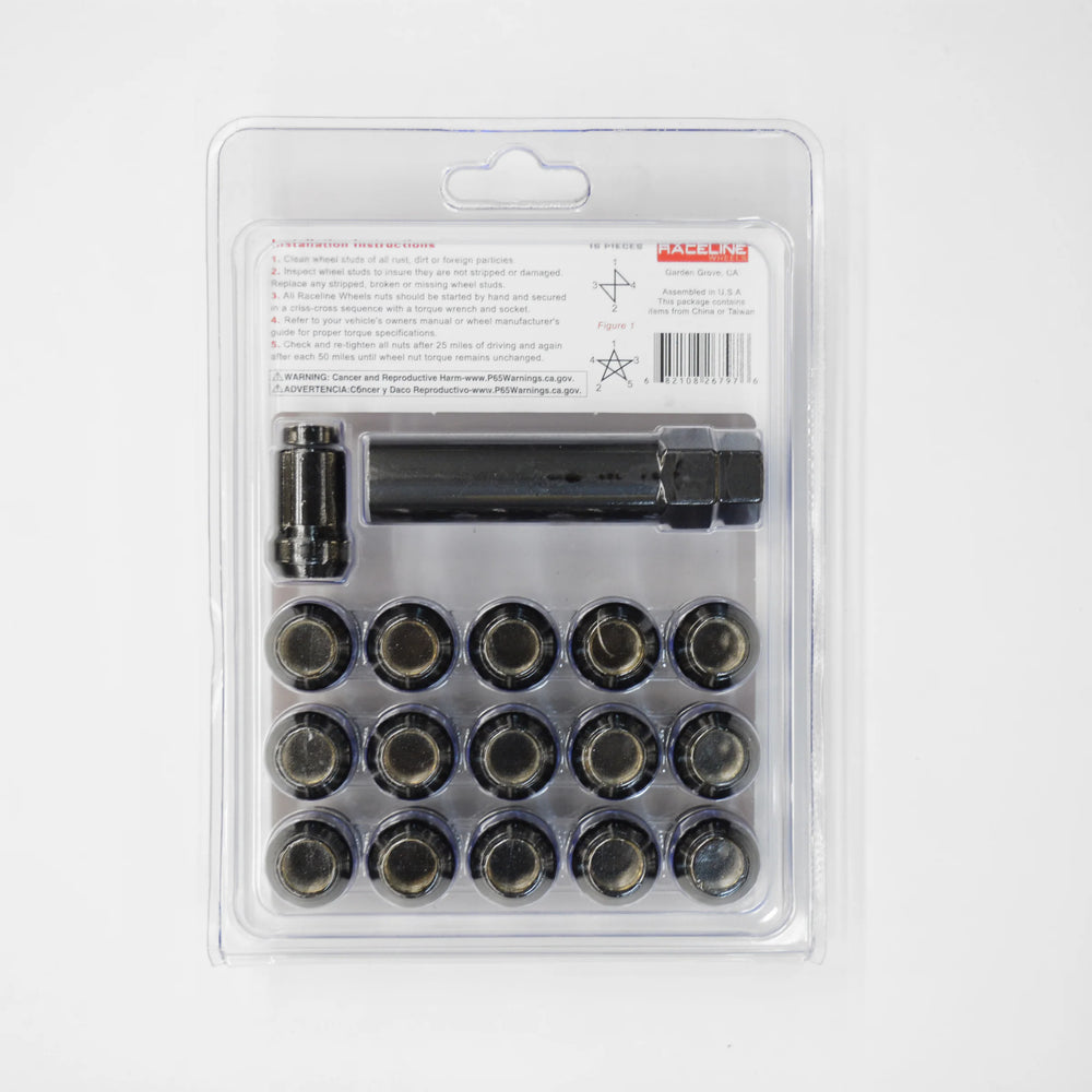 Raceline Spline Lug Nut Kit with Spline Key 12 x 1.5 - 16 Pack - Black