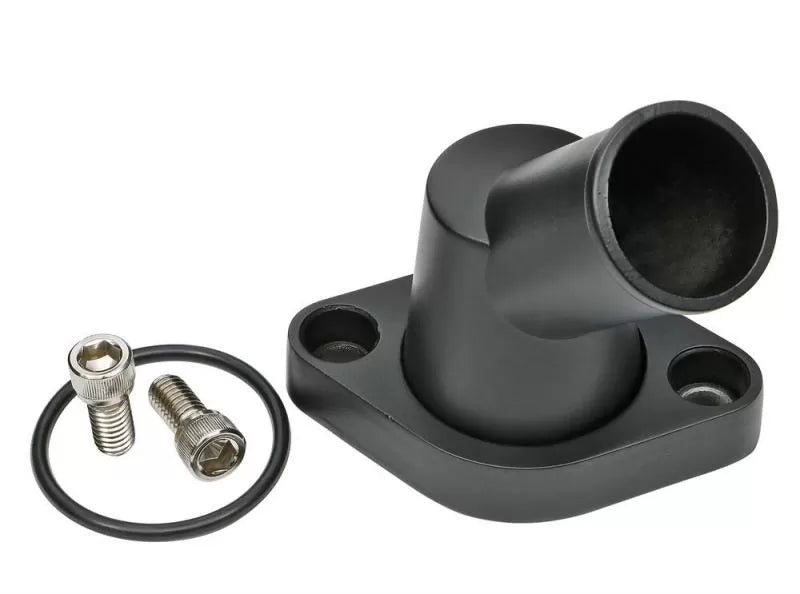 6675 CHEVY V8 SB & BB ALUMINUM WATER NECK 45DEG SWIVELSTYLE W/ ORING SEAL BLACK