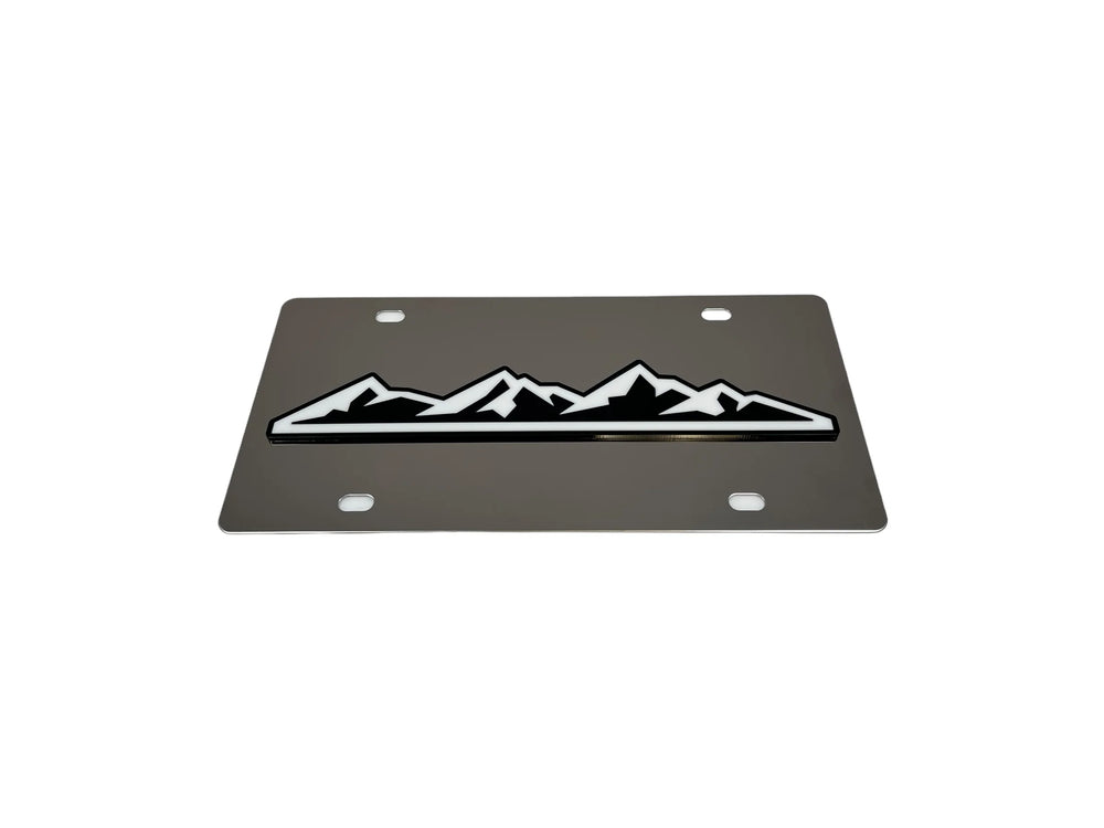 MOUNTAIN RANGE BLACK OPAQUE OUTLINE WITH WHITE STAINLESS STEEL LICENSE PLATE