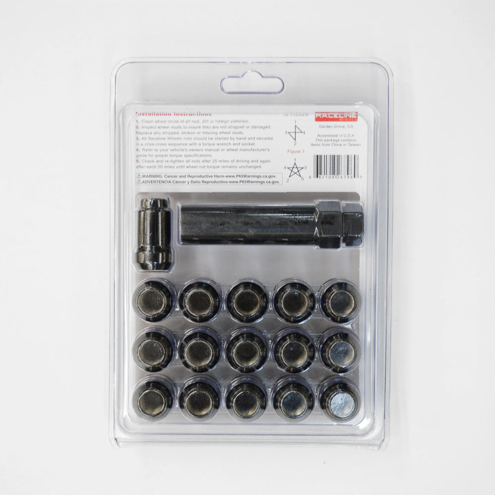 Raceline Spline Lug Nut Kit with Spline Key 12 x 1.25 - 16 Pack - Black