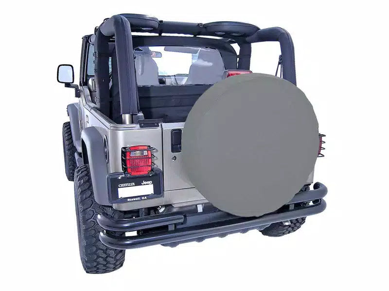 This gray tire cover from Rugged Ridge fits 30-32 inch spare tires.