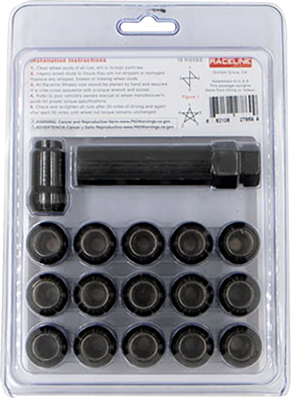 Raceline Spline Lug Nut Kit with Spline Key 1/2in-20 - 16 Pack - Black