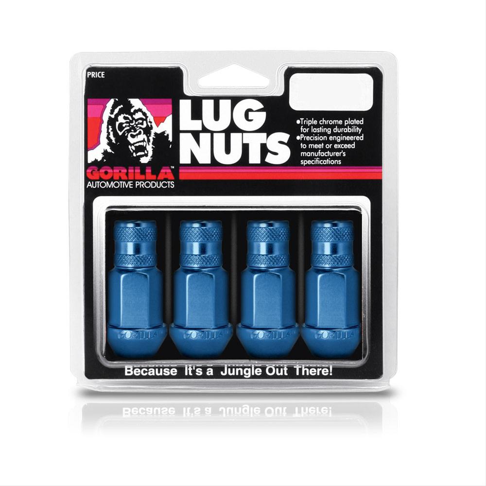 Lug Nuts: 12mm x 1.50; open end; 3/4" head; 1.4" long; 60 degree acorn style; 4 pack; clamshell packaging; blue