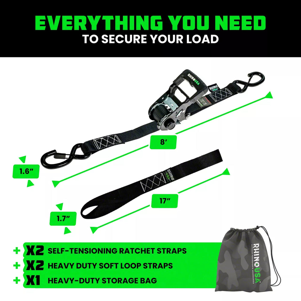 Rhino USA Self-Tensioning Ratchet Straps (2Pk 1.6Inx8Ft) (Black)