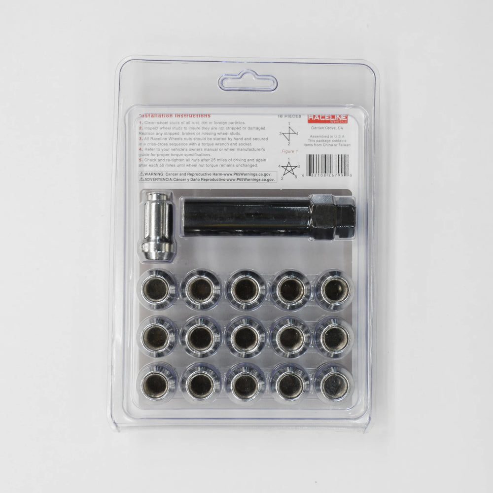 Raceline Spline Lug Nut Kit with Spline Key 12 x 1.5 - 16 Pack - Chrome