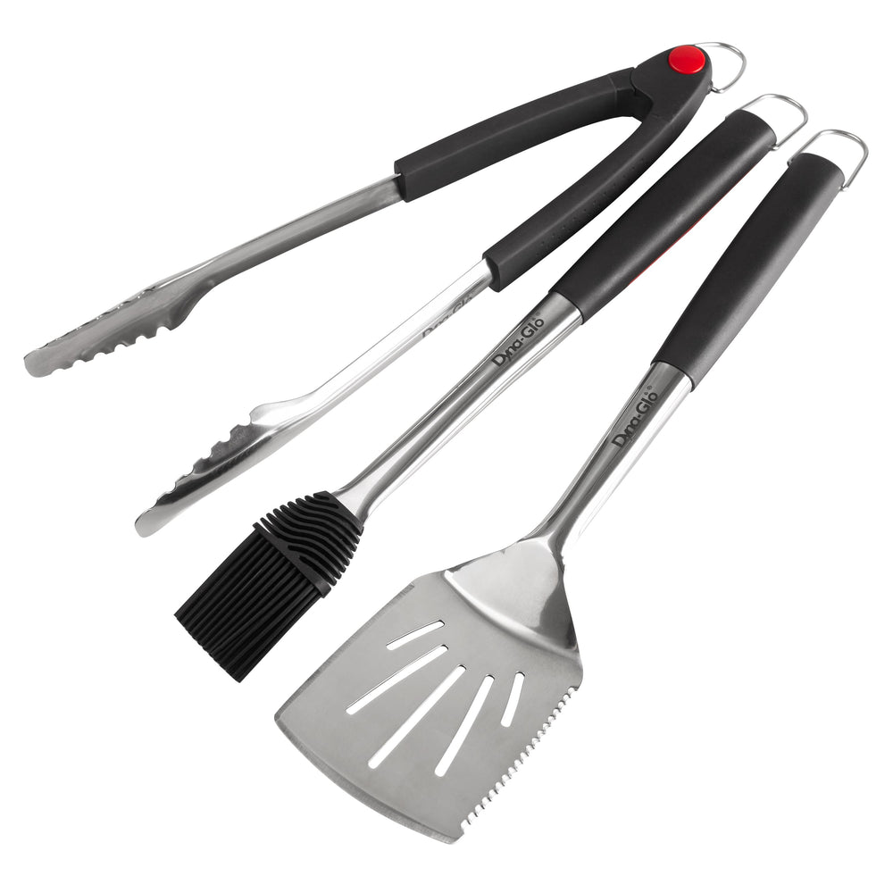 3PC STAINLESS STEEL AND SILICONE SOFT TOUCH HANDLES SPATULA BASTING BRUSH TONGS