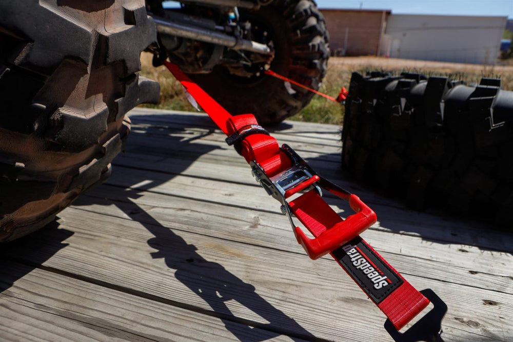 2IN X 10' RATCHET TIE DOWN W/ TWISTED SNAP HOOKS & AXLE STRAP COMBO RED