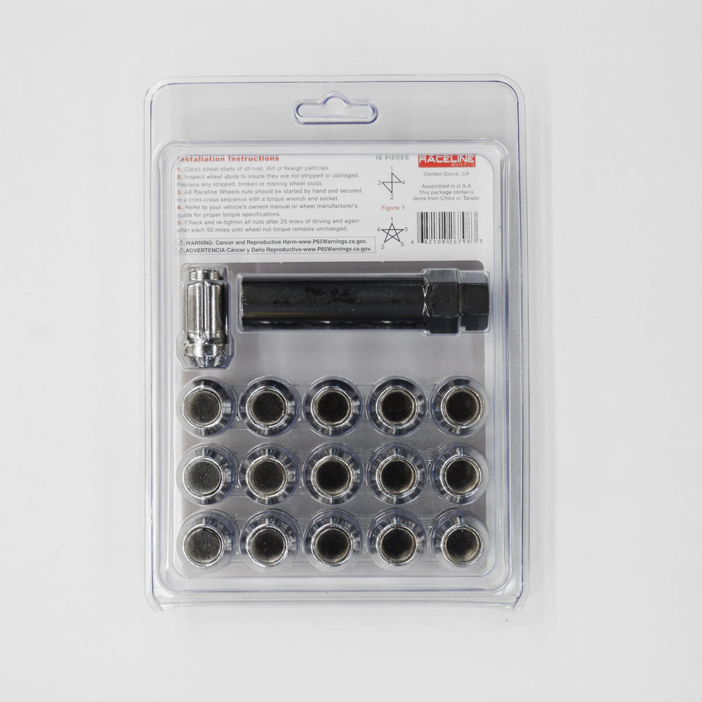 Raceline Spline Lug Nut Kit with Spline Key 12 x 1.25 - 16 Pack - Chrome