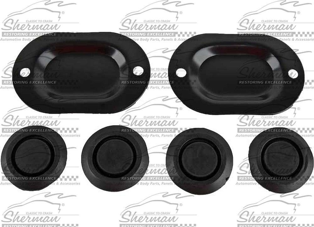 DRAIN HOLE COVERLETS (2) W/ SCREWS&4 PLUGS UNIV MUSTANG 6470; COUGAR 6970