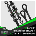 Rhino USA Heavy Duty Ratchet Tie-Downs 2-Pack (Black) 1.6In X 8Ft