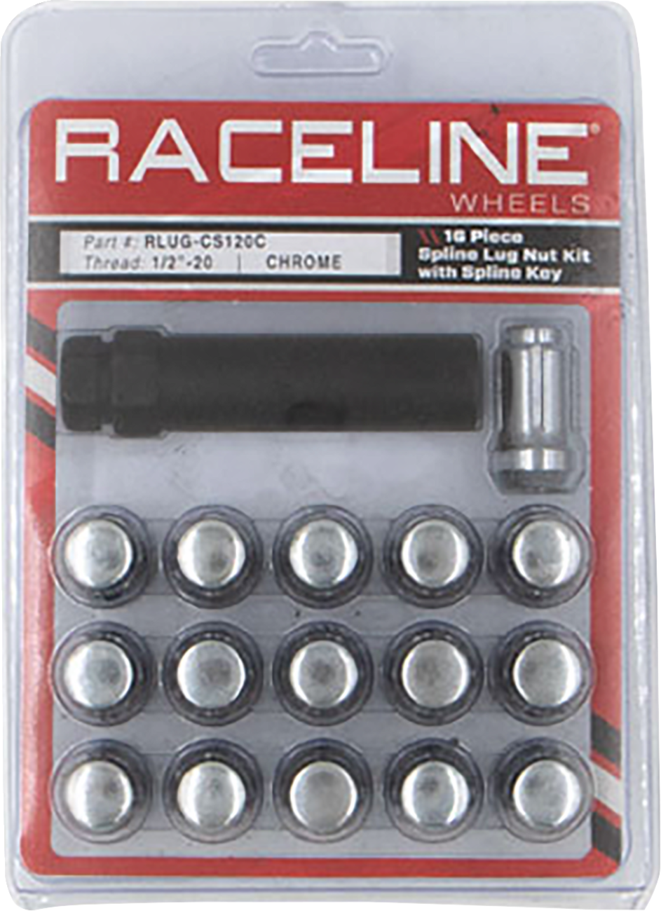Raceline Spline Lug Nut Kit with Spline Key 1/2in-20 - 16 Pack - Chrome