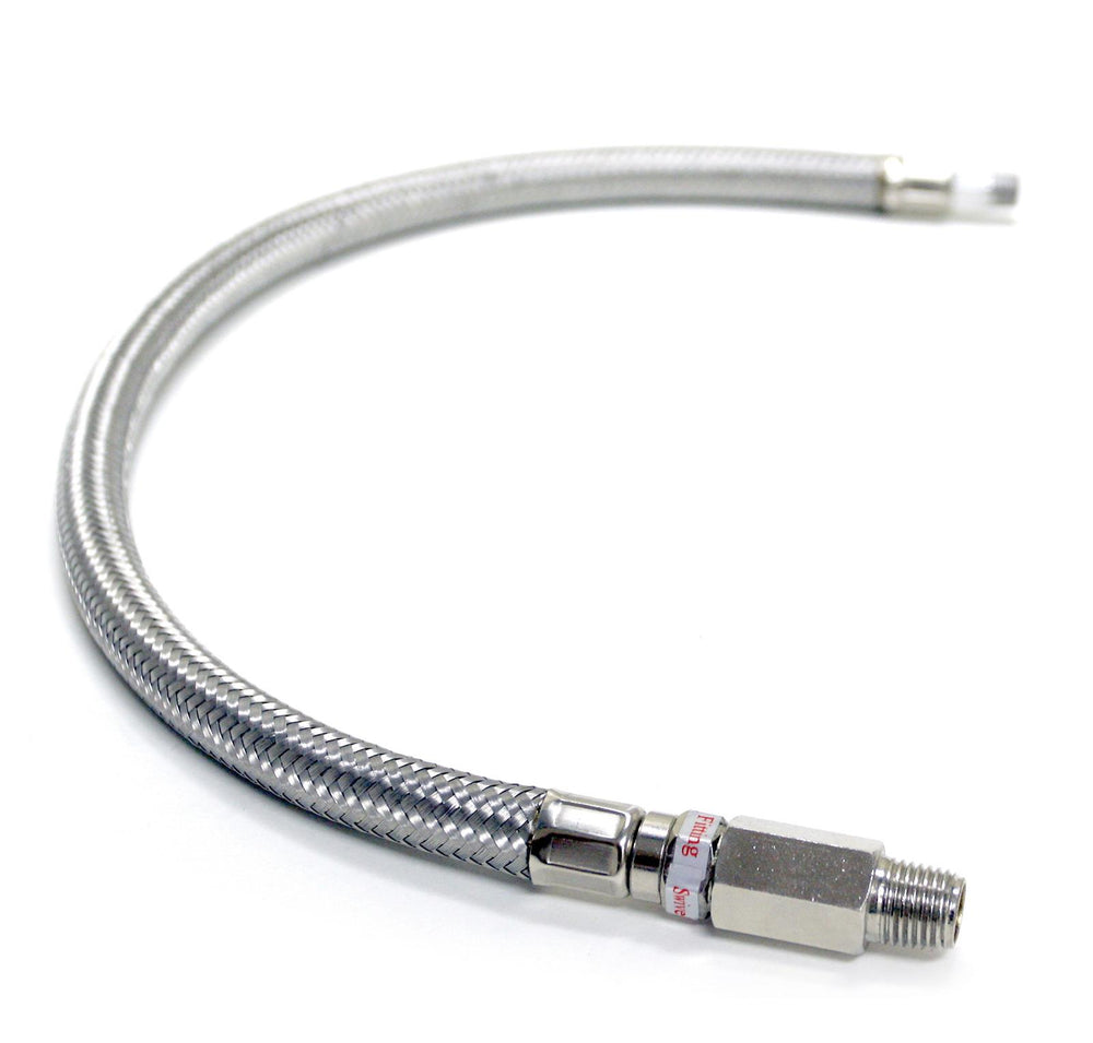 21IN S.S. BRAIDED LEADER HOSE W/ CHECK VALVE (1/4INM TO 1/4INM NPT SWIVEL)