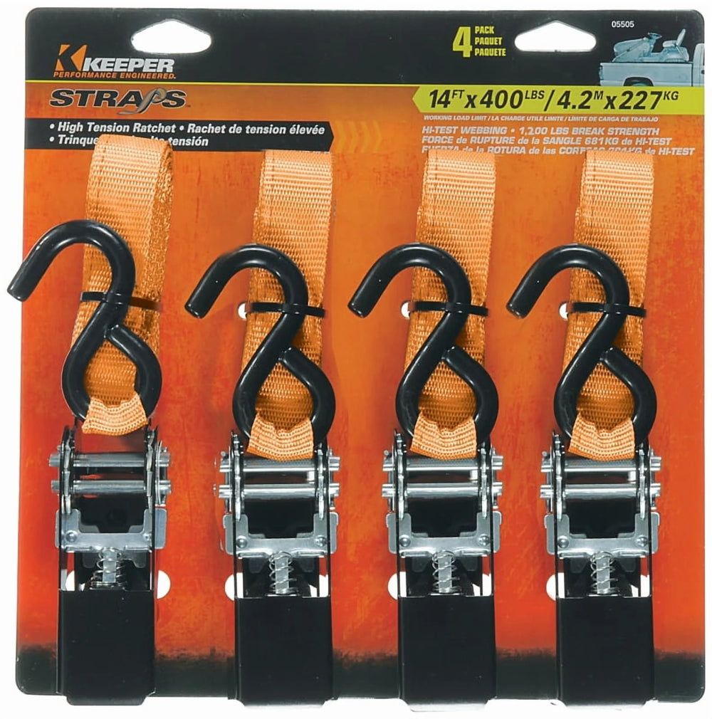 14FT X 1IN RATCHET TIEDOWN 500 LBS. WLL (1500 LBS. BREAK STRENGTH) 4 PACK IPACK