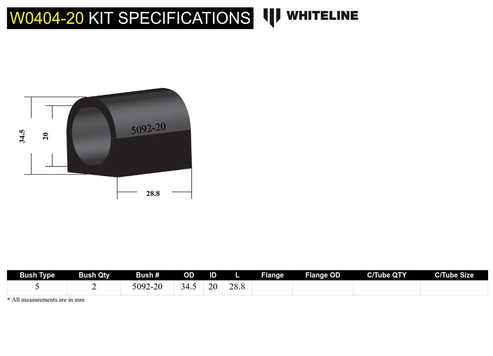 FRONT SWAY BAR MOUNT BUSHING 20MM SUITS SEDAN 9008 SUBARU