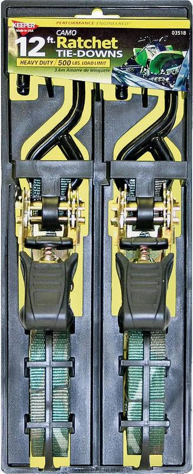 12FT X 1IN RATCHET TIEDOWN W/PADDED HANDLE CAMO 500 LBS WLL(1500 LBS BREAK STRENGTH) 2PK