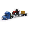 New Ray Toys Freightliner Cascadia Flatbed with Farm Tractor and Round Hay Bale/ Scale - 1:43