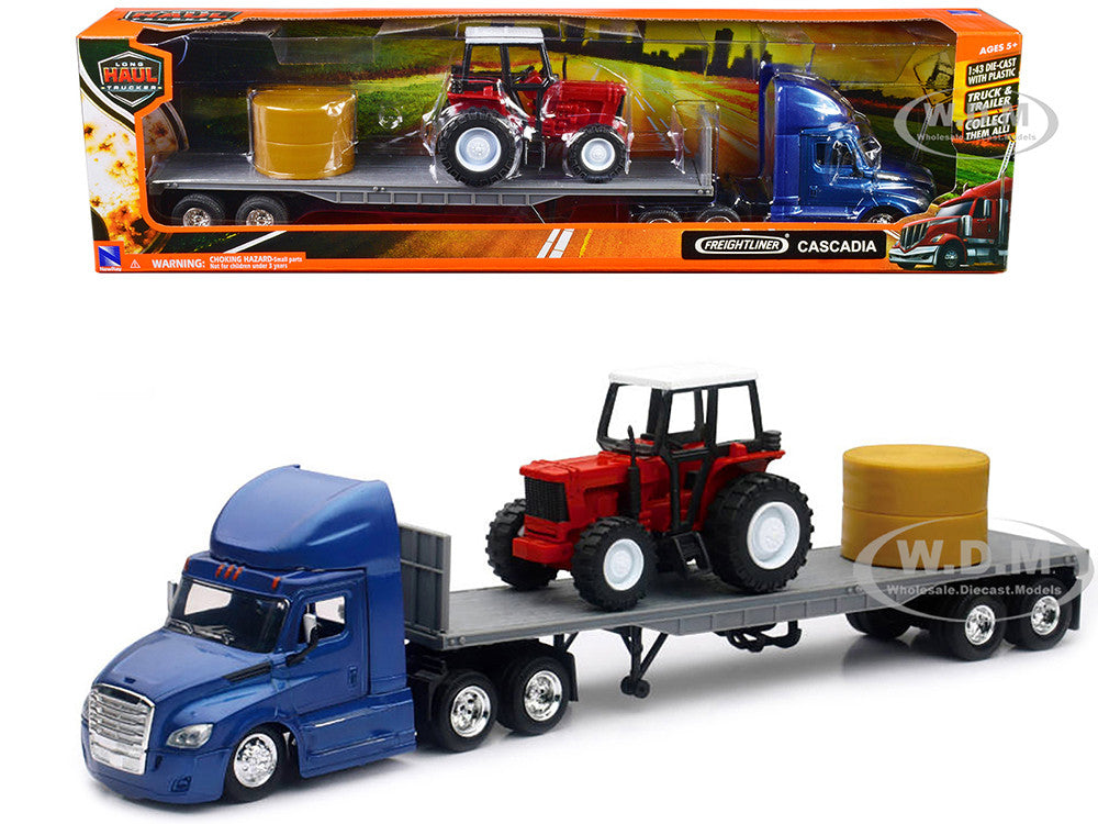 New Ray Toys Freightliner Cascadia Flatbed with Farm Tractor and Round Hay Bale/ Scale - 1:43