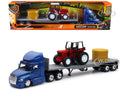 New Ray Toys Freightliner Cascadia Flatbed with Farm Tractor and Round Hay Bale/ Scale - 1:43