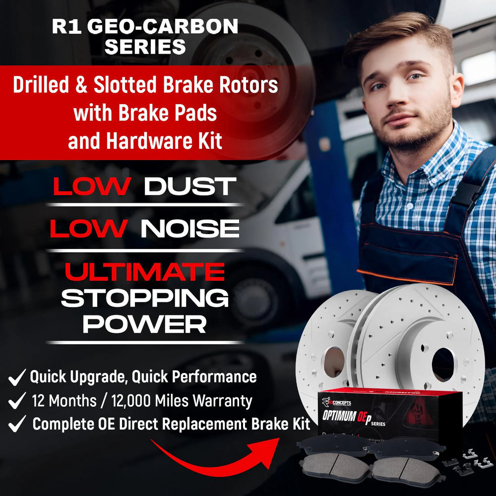 R1 14-24 INFINITI Q50 Front & Rear GEO-Carbon Drilled & Slotted Rotors w/Optimum OE Pads & Hardware