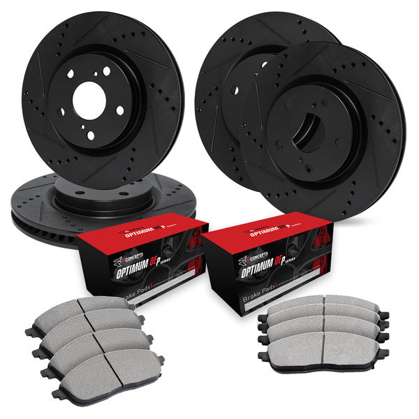 R1 1988-1988 Pontiac Fiero Front & Rear Drilled & Slotted Black Rotors w/Optimum OE Pads