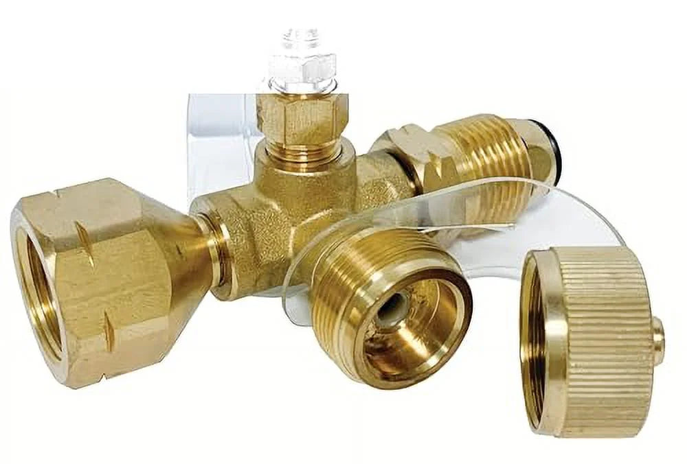 4PORT PROPANE TEE INLET FEM POL 1/4IN INVERTED FLARE OUTLETS 1IN20 MALE THROWAWAY CYL THREAD