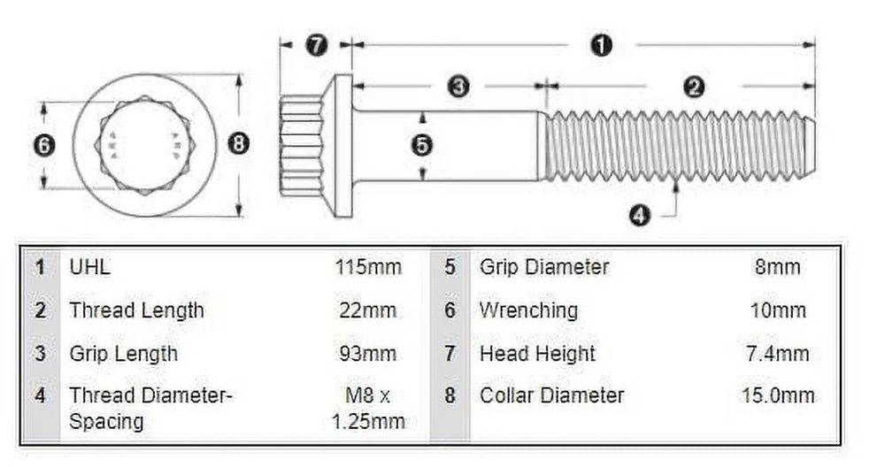 ARP M8 x 1.25 x 115 12pt black oxide bolts