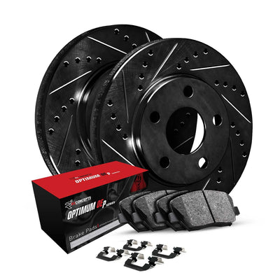 R1 19-25 Mazda 3 Sport Front Drilled & Slotted Black Rotors w/Optimum OE Pads & Hardware