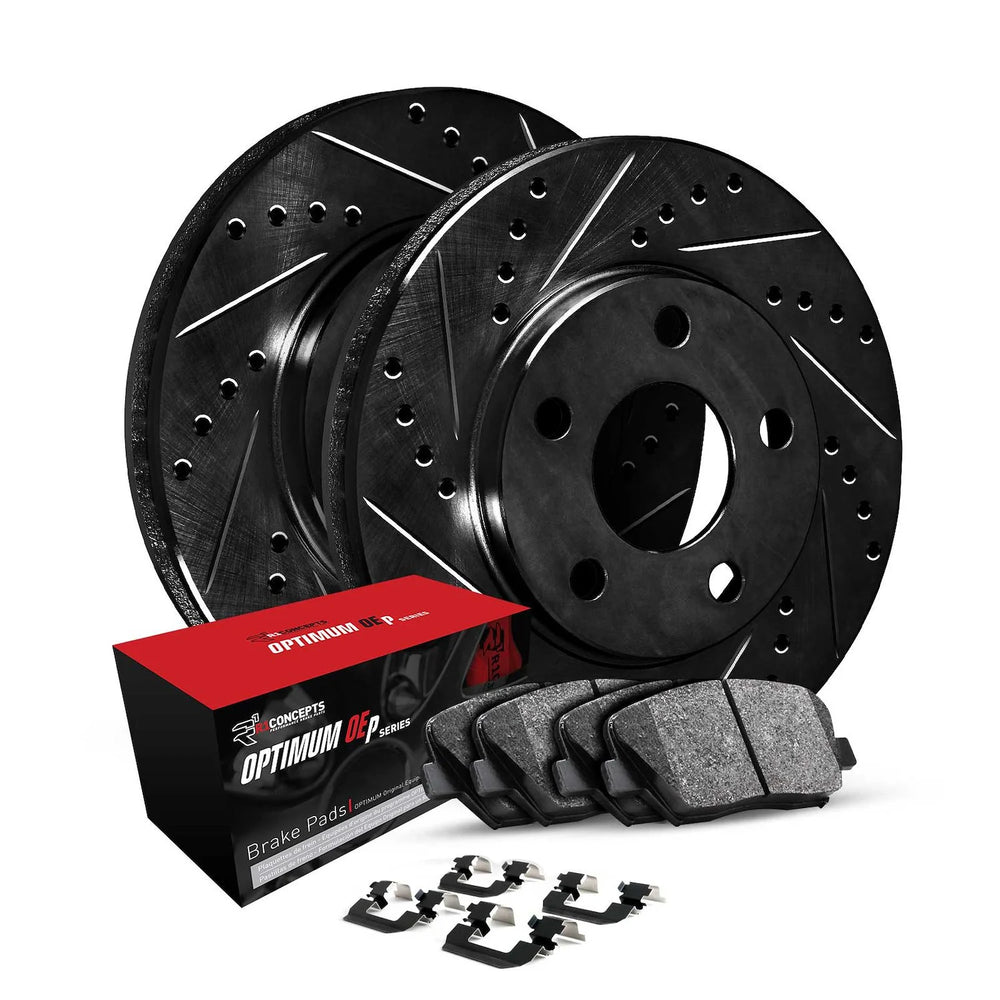 R1 19-25 Mazda 3 Sport Front Drilled & Slotted Black Rotors w/Optimum OE Pads & Hardware