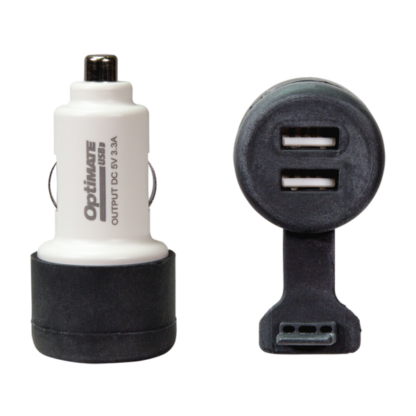 OPTIMATE USB 2100MA DUAL OUTPUT USB CHARGER WITH AUTO PLUG.