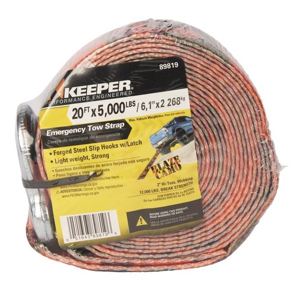 BIN DISPLAY 20FT X 2IN TOW STRAP BLAZE ORANGE CAMO 5000 LBS. MAX VEHICLE WT.(