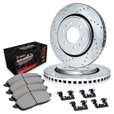 R1 10-24 Toyota 4Runner Rear Drill & Slot Silver Rotors w/Off-Road/Tow Brake Pads & Hardware