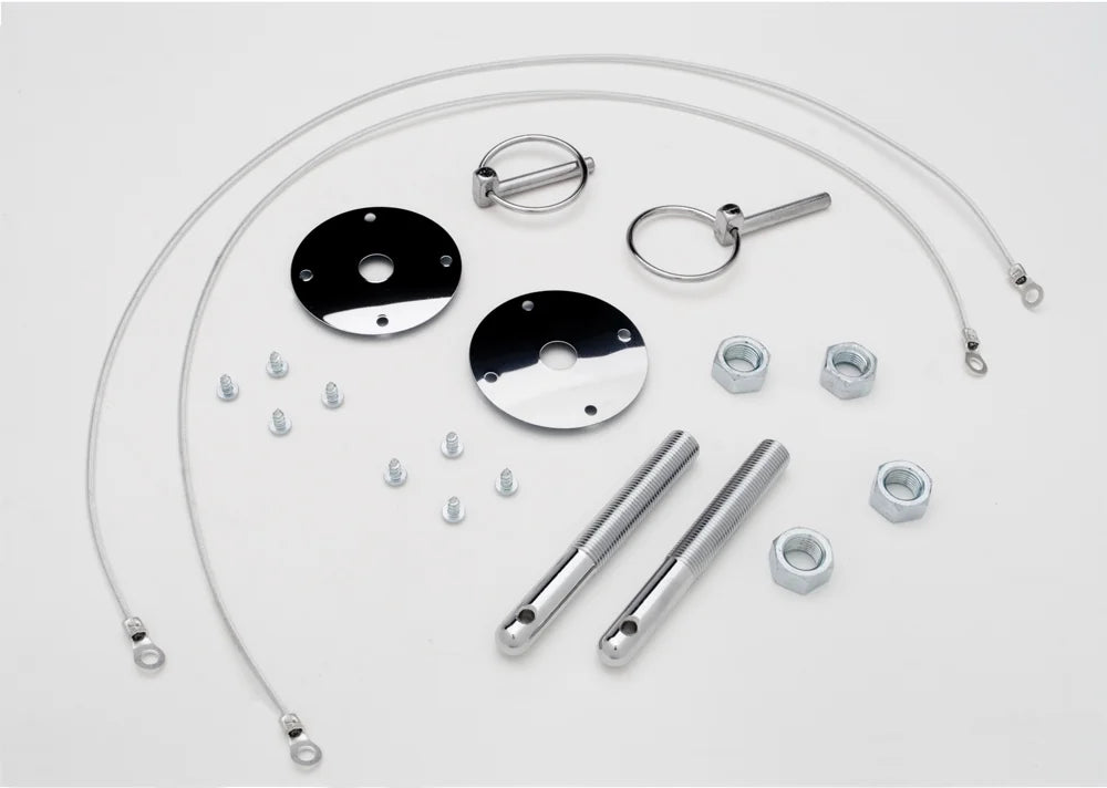 FLIPOVER STYLE HOOD PIN SET WITH LANYARDS; 3/16 IN. PINS (1 PR)CHROME195964 PONTIAC ENGINES