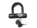 Locks: motorcycle rotor and disc lock; red with chrome shackle