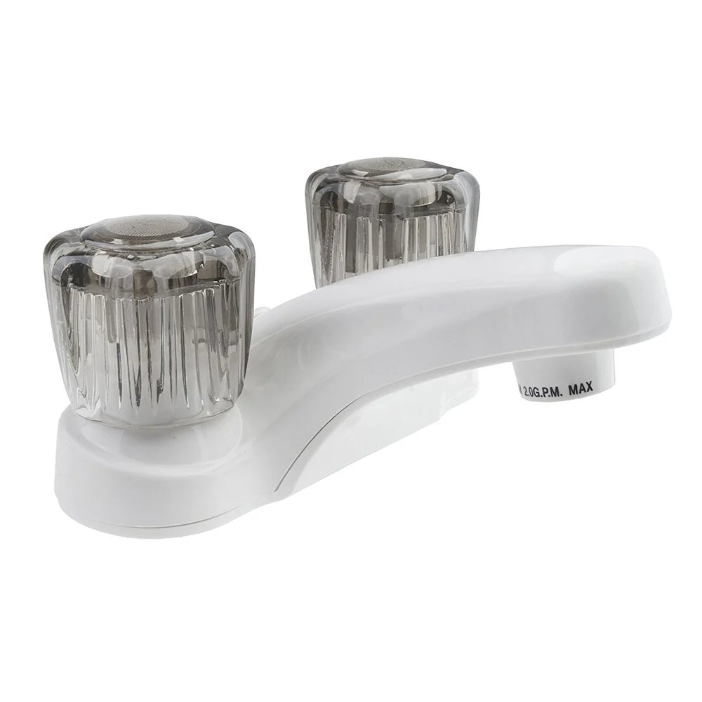 RV LAVATORY FAUCET W/SMOKED ACRYLIC KNOBS WHITE