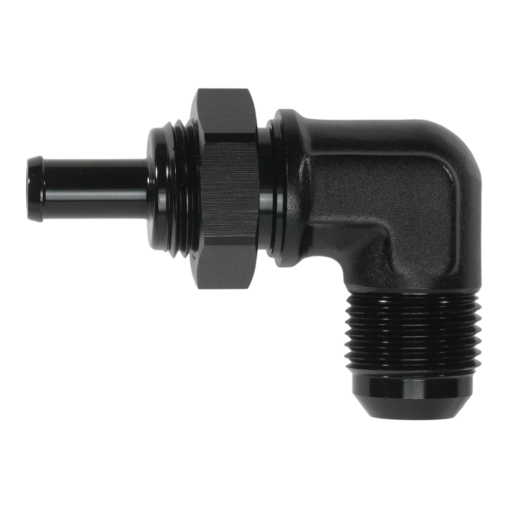 DeatschWerks 10AN Male Flare Bulkhead to 3/8in Hose Barb 90-Degree